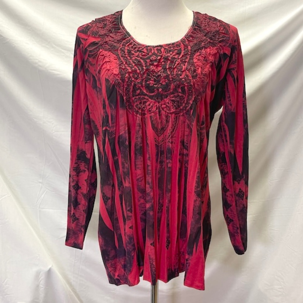 ONE WORLD Red & Black Long Sleeve Tunic‎ Top Size Large